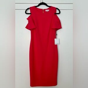 Calvin Klein Women’s Scuba Ruffle Sheath Dress Open-Shoulder Hot Pink Size 4 NWT